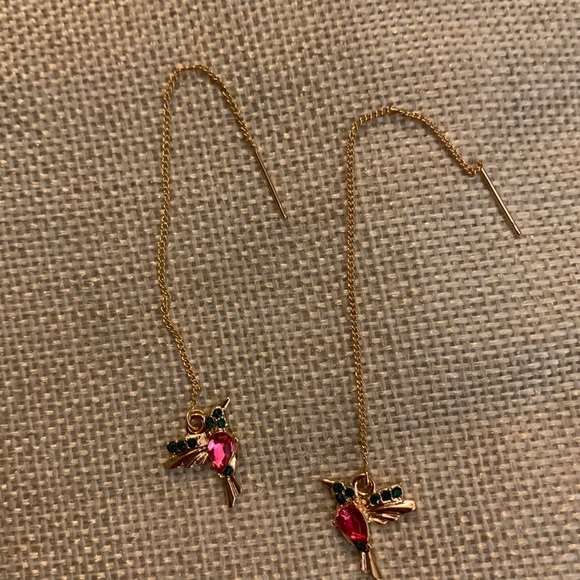 Hummingbird Drop Dangle Chain Gold Earrings - Picture 5 of 5